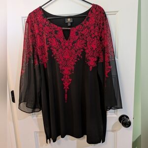 JM Collection Black Tunic with Red Ornate Yoke